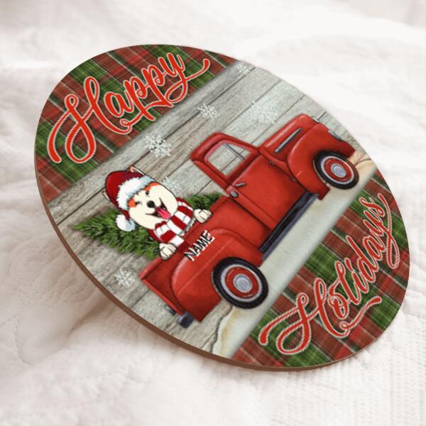 Happy Holiday, Red Truck & Plaid Sign, Personalized Christmas Dog Breeds Door Sign, Xmas Gifts For Dog Lovers