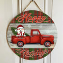 Happy Holiday, Red Truck & Plaid Sign, Personalized Christmas Dog Breeds Door Sign, Xmas Gifts For Dog Lovers