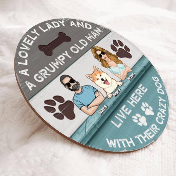 A Lovely Lady And A Grumpy Old Man Live Here, Wooden Door Hanger, Personalized Dog Breeds Door Sign, Front Door Decor