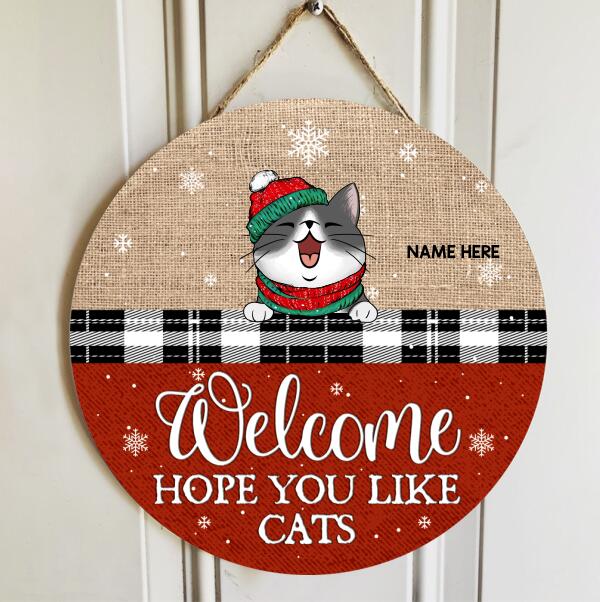 Welcome Hope You Like Cats, Jute Canvas Theme, Personalized Cat Christmas Door Sign