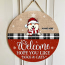 Welcome Hope You Like Dogs & Cats, Jute Canvas Theme, Personalized Dog & Cat Christmas Door Sign