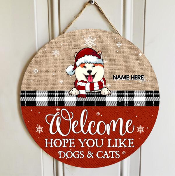 Welcome Hope You Like Dogs & Cats, Jute Canvas Theme, Personalized Dog & Cat Christmas Door Sign