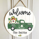 Welcome, Dog On Green Truck, Shamrock Sign, Personalized Dog Breeds Door Sign, St. Patrick Day Front Door Decor