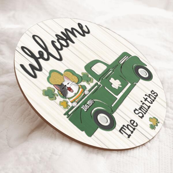 Welcome, Cat On Green Truck, Shamrock Sign, Personalized Cat Breeds Door Sign, St. Patrick Day Front Door Decor