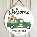 Welcome, Cat On Green Truck, Shamrock Sign, Personalized Cat Breeds Door Sign, St. Patrick Day Front Door Decor