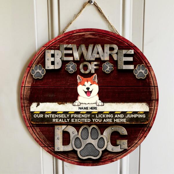 Beware Of Dogs, Brown Wooden Background, Personalized Dog Door Sign