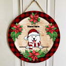 Dog With Christmas Flower And Red Plaid, Personalized Dog Door Sign