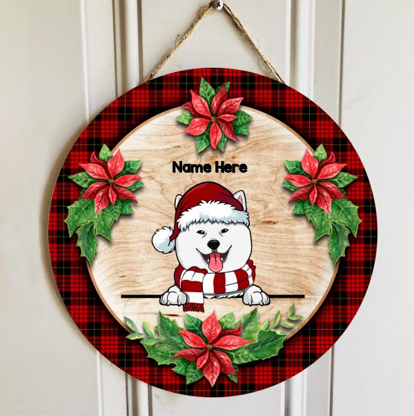 Dog With Christmas Flower And Red Plaid, Personalized Dog Door Sign