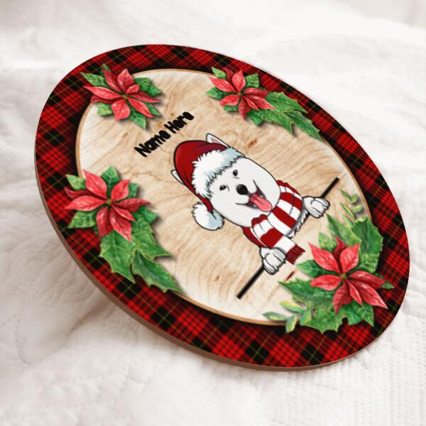 Dog With Christmas Flower And Red Plaid, Personalized Dog Door Sign