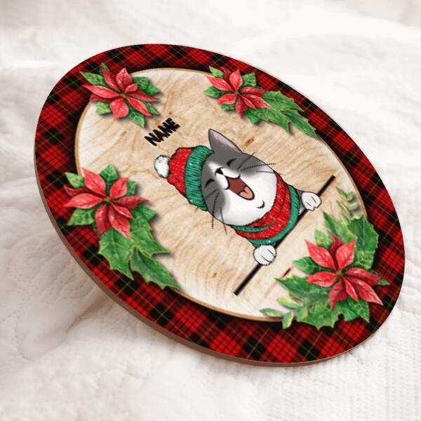 Cat With Christmas Flower And Red Plaid, Personalized Cat Door Sign