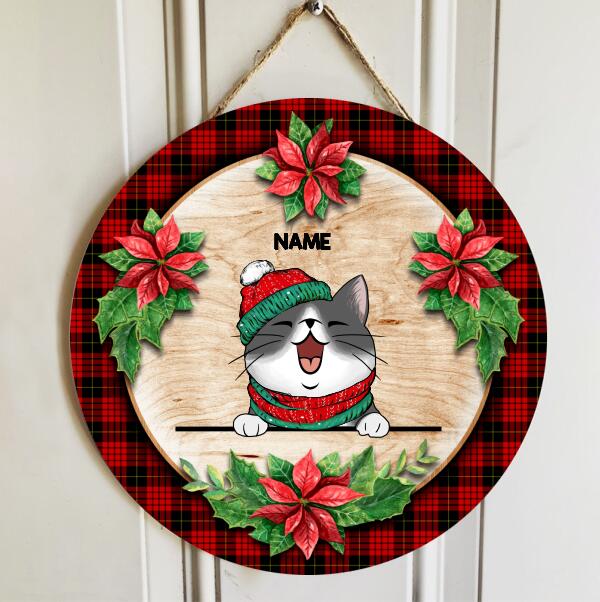 Cat With Christmas Flower And Red Plaid, Personalized Cat Door Sign