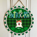 Happy St. Patrick's Day, Green Plaid Door Hanger, Personalized Dog Breeds Door Sign, Front Door Decor, Dog Lovers Gifts