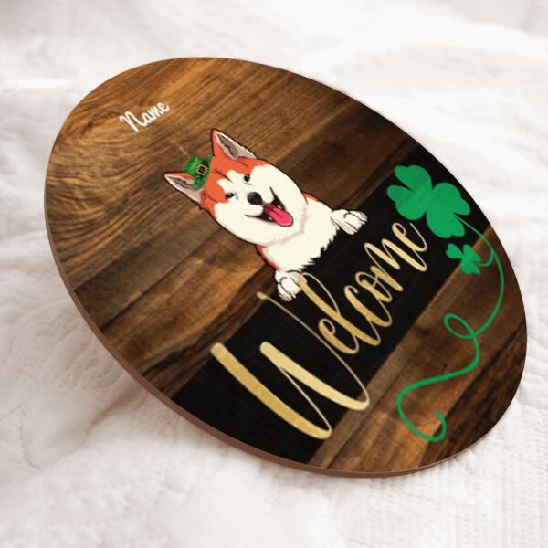 Welcome, Shamrock Wooden Door Hanger, Personalized Dog Breeds Door Sign, St. Patrick's Day Front Door Decor