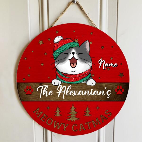 Meowy Catmas Door Hanger, Personalized Cat Breeds And Family Name Door Sign, Xmas Gifts For Cat Lovers