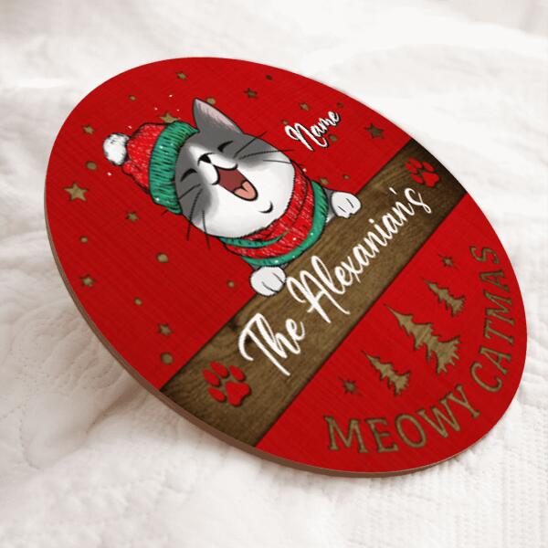 Meowy Catmas Door Hanger, Personalized Cat Breeds And Family Name Door Sign, Xmas Gifts For Cat Lovers