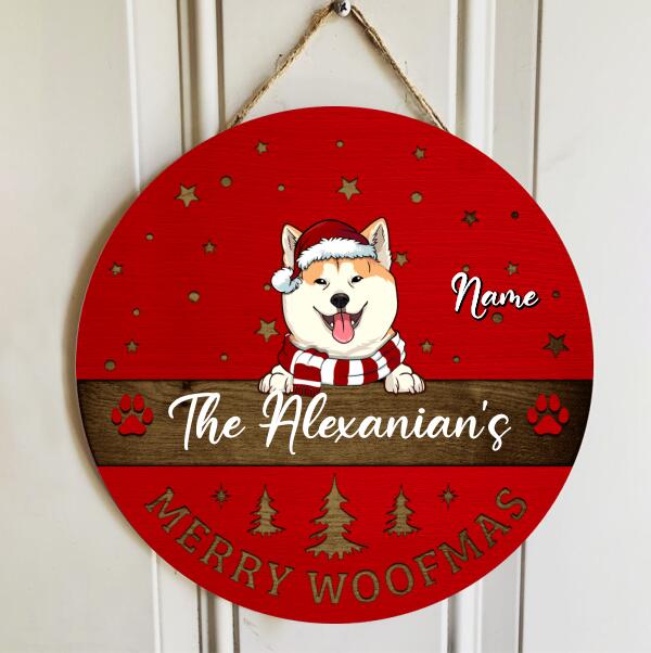 Merry Woofmas Door Hanger, Personalized Dog Breeds And Family Name Door Sign, Xmas Gifts For Dog Lovers