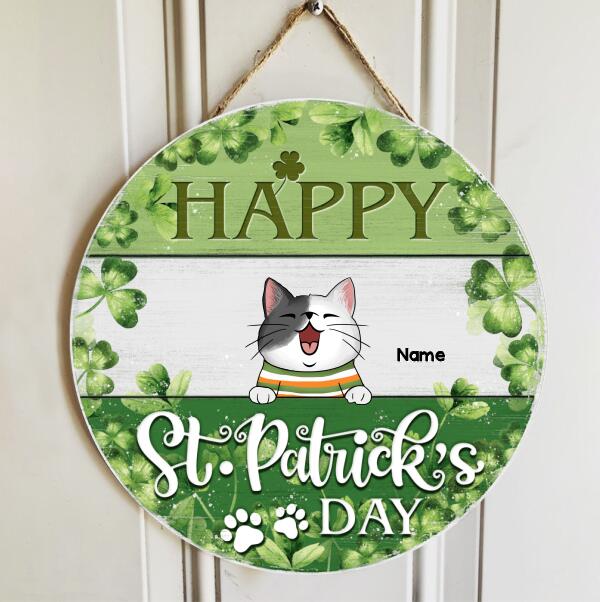 Happy St. Patrick's Day, Shamrock Background, Personalized Cat Breeds Door Sign, Cat Lovers Gifts, Holiday Home Decor