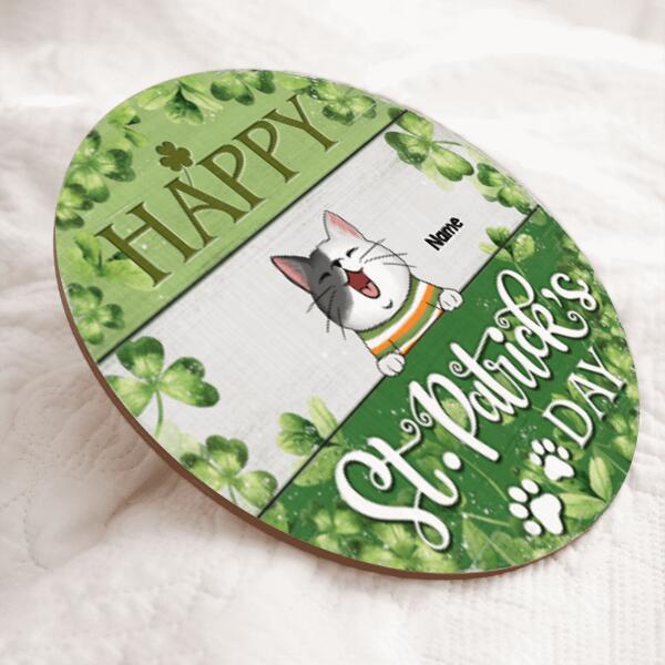 Happy St. Patrick's Day, Shamrock Background, Personalized Cat Breeds Door Sign, Cat Lovers Gifts, Holiday Home Decor