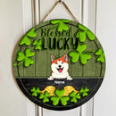 Blessed & Lucky, Shamrock & Gold Coin, Personalized Dog & Cat Door Sign, St. Patrick Day Front Door Decor
