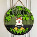 Welcome, Shamrock & Gold Coin, Personalized Dog & Cat Door Sign, St. Patrick Day Front Door Decor, Pet Lovers Gifts