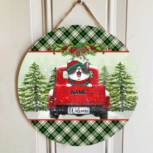 Welcome, Red Truck Door Hanger, Plaid Wreath, Personalized Christmas Cat Breeds Door Sign, Cat Lovers Gifts