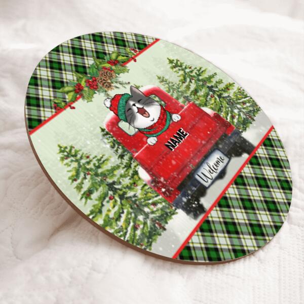 Welcome, Red Truck Door Hanger, Plaid Wreath, Personalized Christmas Cat Breeds Door Sign, Cat Lovers Gifts