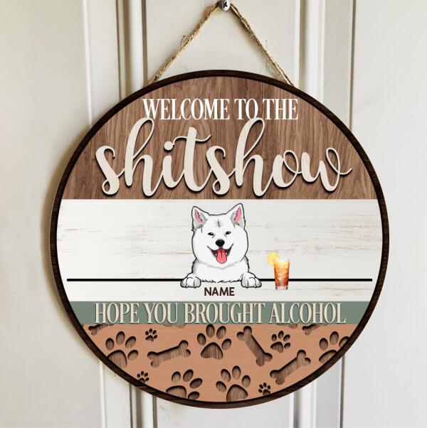 Welcome To The Shitshow, Wooden Pawprints Door Hanger, Personalized Dog Breeds Door Sign, Front Door Decor