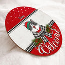 Welcome, Red Top And Bottom, Black Plaid Bow, Personalized Cat Christmas Door Sign