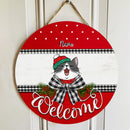 Welcome, Red Top And Bottom, Black Plaid Bow, Personalized Cat Christmas Door Sign