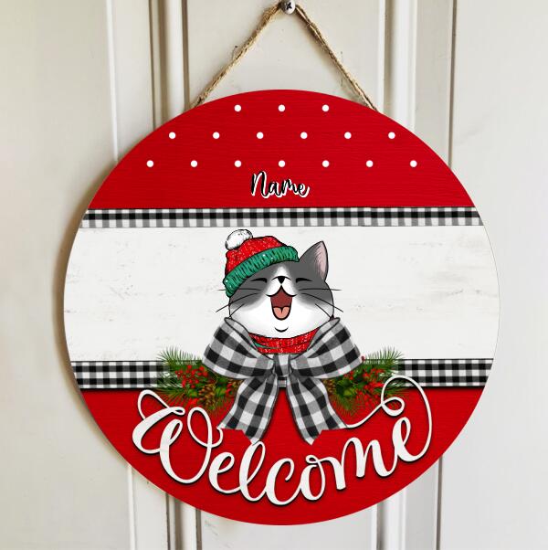 Welcome, Red Top And Bottom, Black Plaid Bow, Personalized Cat Christmas Door Sign