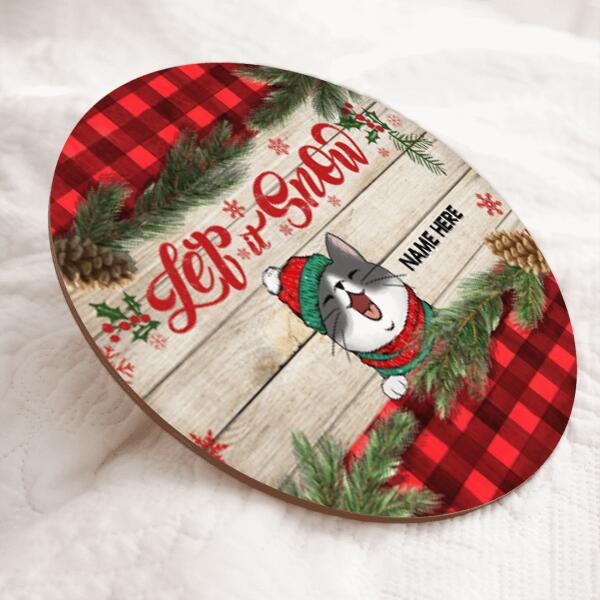 Let It Snow, Cats With Red Plaid And Pine Leaves Background, Personalized Cat Door Sign