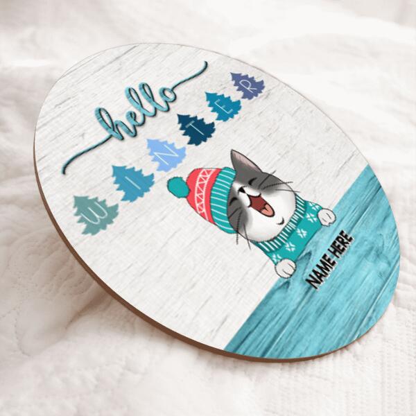 Hello Winter, Letters On Pine, Personalized Cat Door Sign