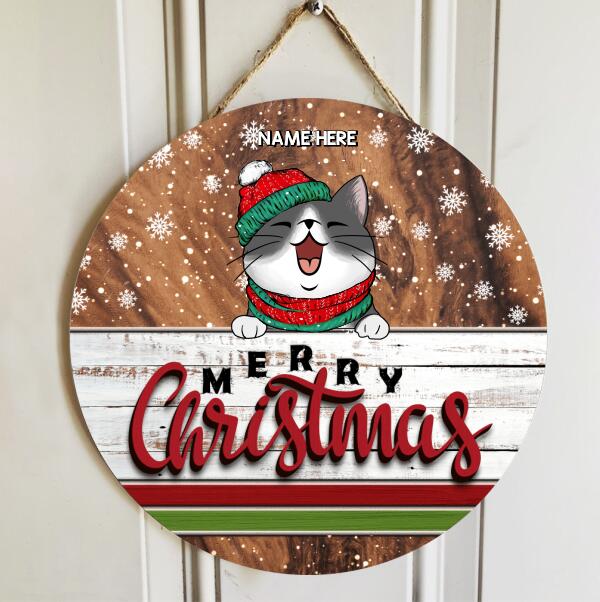 Merry Christmas - Dark Pale Wooden - Personalized Cat Christmas Door Sign