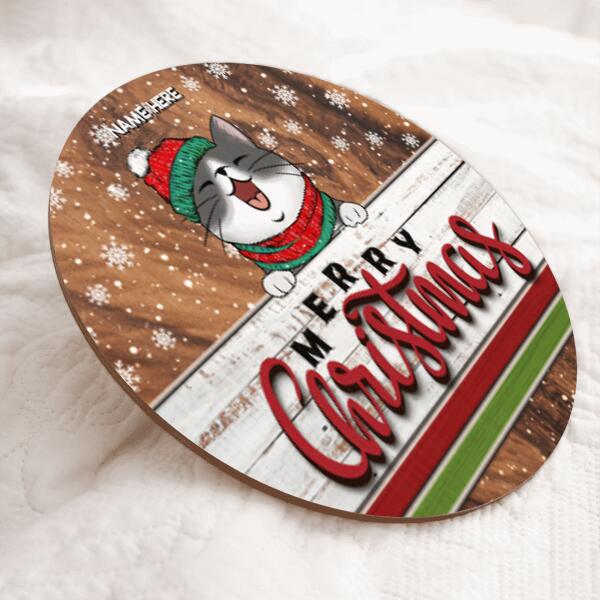 Merry Christmas - Dark Pale Wooden - Personalized Cat Christmas Door Sign