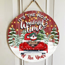It's The Most Wonderful Time Of The Year - Red Truck - Red Wooden - Personalized Cat Christmas Door Sign