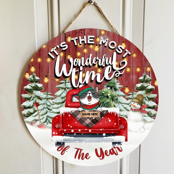 It's The Most Wonderful Time Of The Year - Red Truck - Red Wooden - Personalized Cat Christmas Door Sign