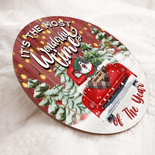 It's The Most Wonderful Time Of The Year - Red Truck - Red Wooden - Personalized Cat Christmas Door Sign