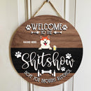 Welcome To The Shitshow Hope You Brought Alcohol, Wooden & Black Background, Personalized Cat & Dog Door Sign
