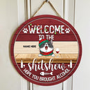 Welcome To The Shitshow Hope You Brought Alcohol, Red Wooden Background, Personalized Cat Christmas Door Sign
