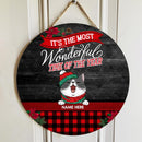It's The Most Wonderful Time Of The Year - Black Wooden - Red Plaid - Personalized Cat Christmas Door Sign