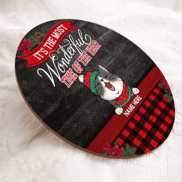 It's The Most Wonderful Time Of The Year - Black Wooden - Red Plaid - Personalized Cat Christmas Door Sign