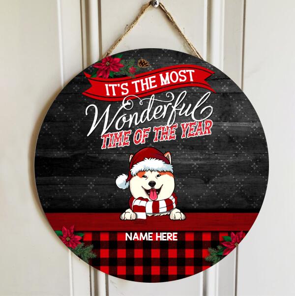 It's The Most Wonderful Time Of The Year - Black Wooden - Red Plaid - Personalized Dog Christmas Door Sign