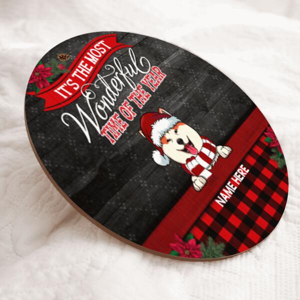 It's The Most Wonderful Time Of The Year - Black Wooden - Red Plaid - Personalized Dog Christmas Door Sign