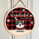 It's The Most Wonderful Time Of The Year - Red Plaid - Wooden Around - Personalized Cat Christmas Door Sign