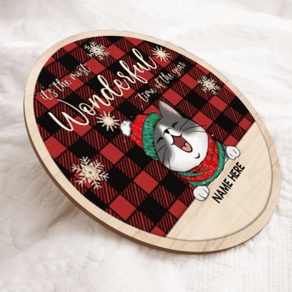 It's The Most Wonderful Time Of The Year - Red Plaid - Wooden Around - Personalized Cat Christmas Door Sign