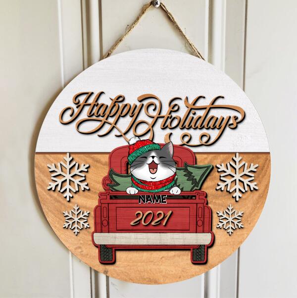 Happy Holiday, Vintage Truck Door Hanger, Personalized Cat Breeds Door Sign, Xmas Gifts For Cat Lovers