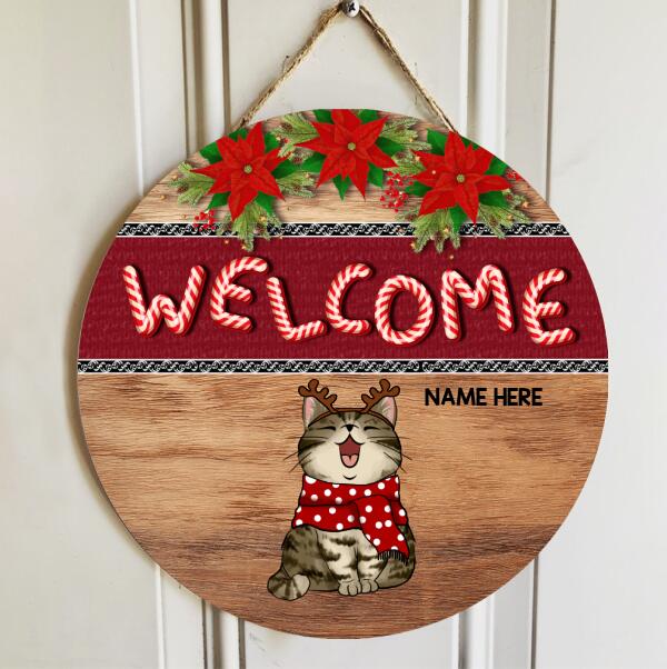 Welcome - Xmas Candy Cane Letters - Personalized Cat Christmas Door Sign