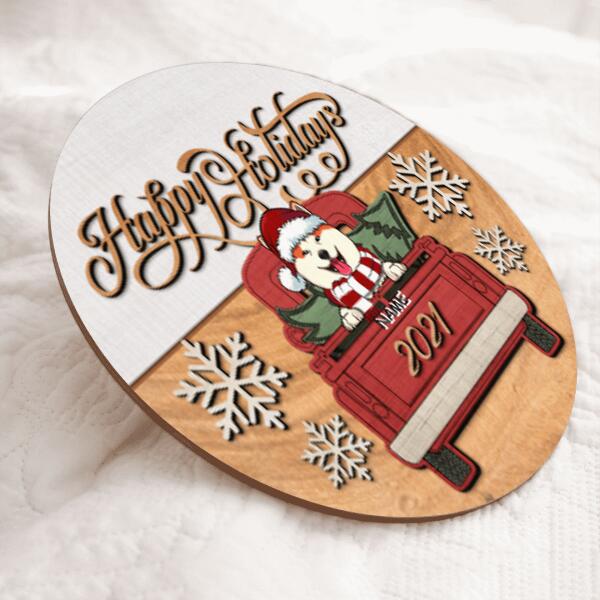 Happy Holiday, Vintage Truck Door Hanger, Personalized Dog Breeds Door Sign, Xmas Gifts For Dog Lovers