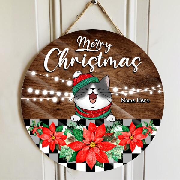 Merry Christmas - Dark Wooden - Poinsettia - Personalized Cat Christmas Door Sign