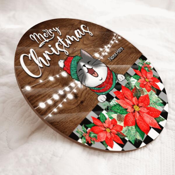 Merry Christmas - Dark Wooden - Poinsettia - Personalized Cat Christmas Door Sign